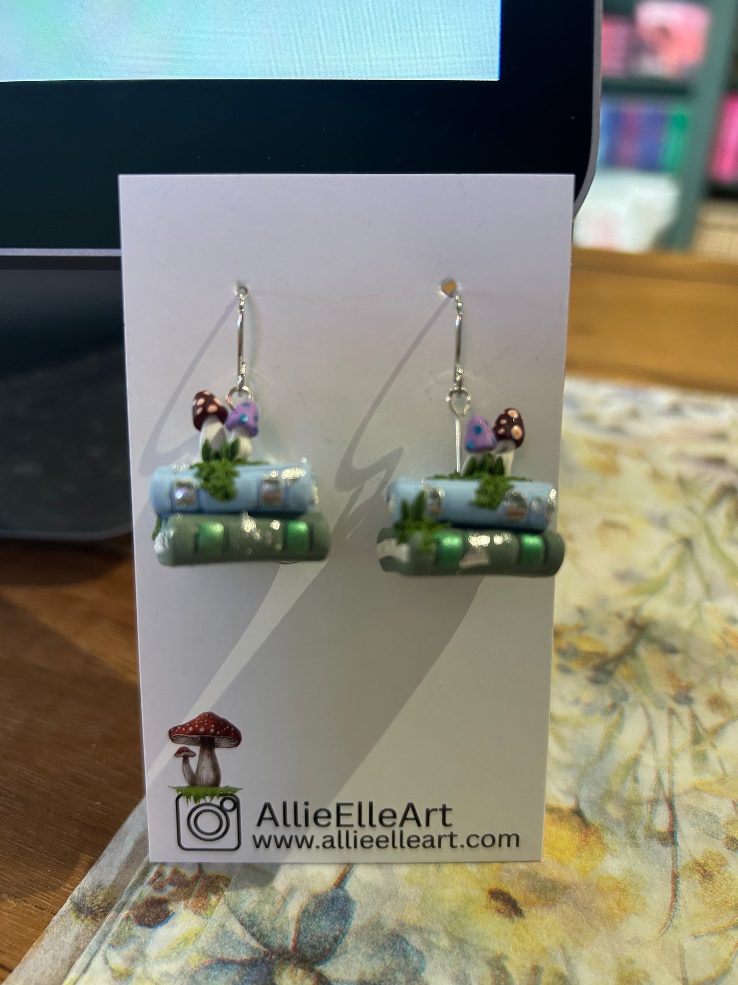 Allie Elle Art Earrings - Book stack with mini mushrooms (#10)