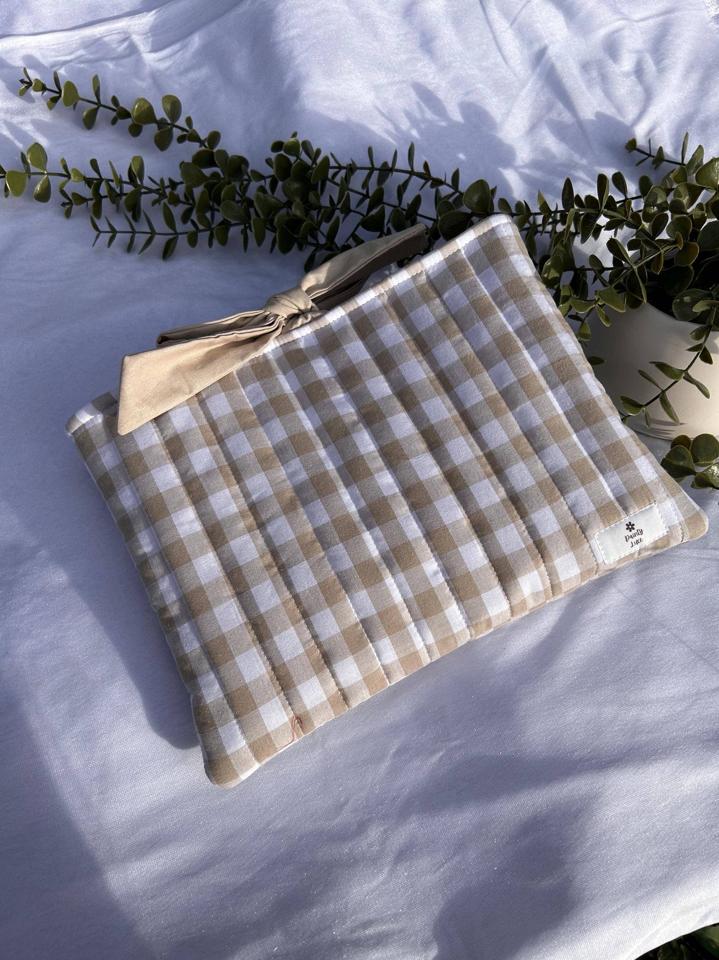 Quilted Gingham Book Sleeve with Brown Lining and Bow