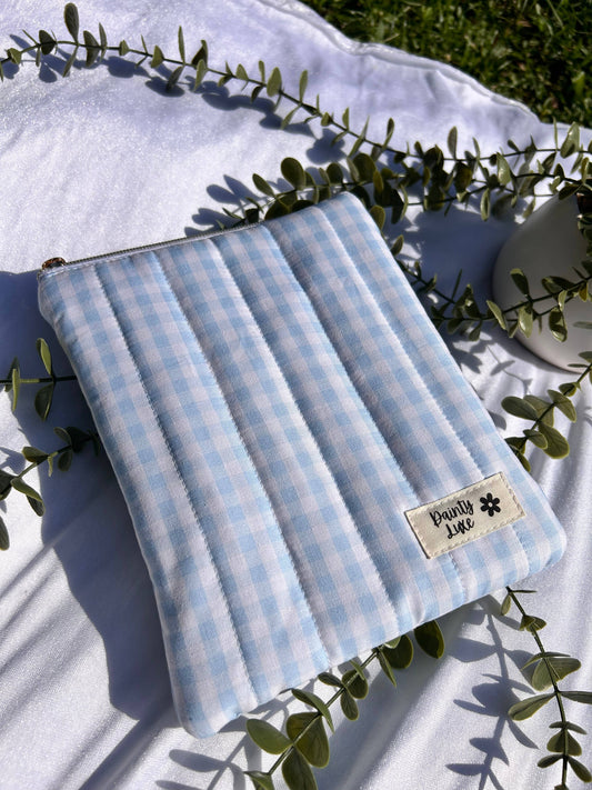 Light Blue Gingham Kindle Sleeve with zipper closure