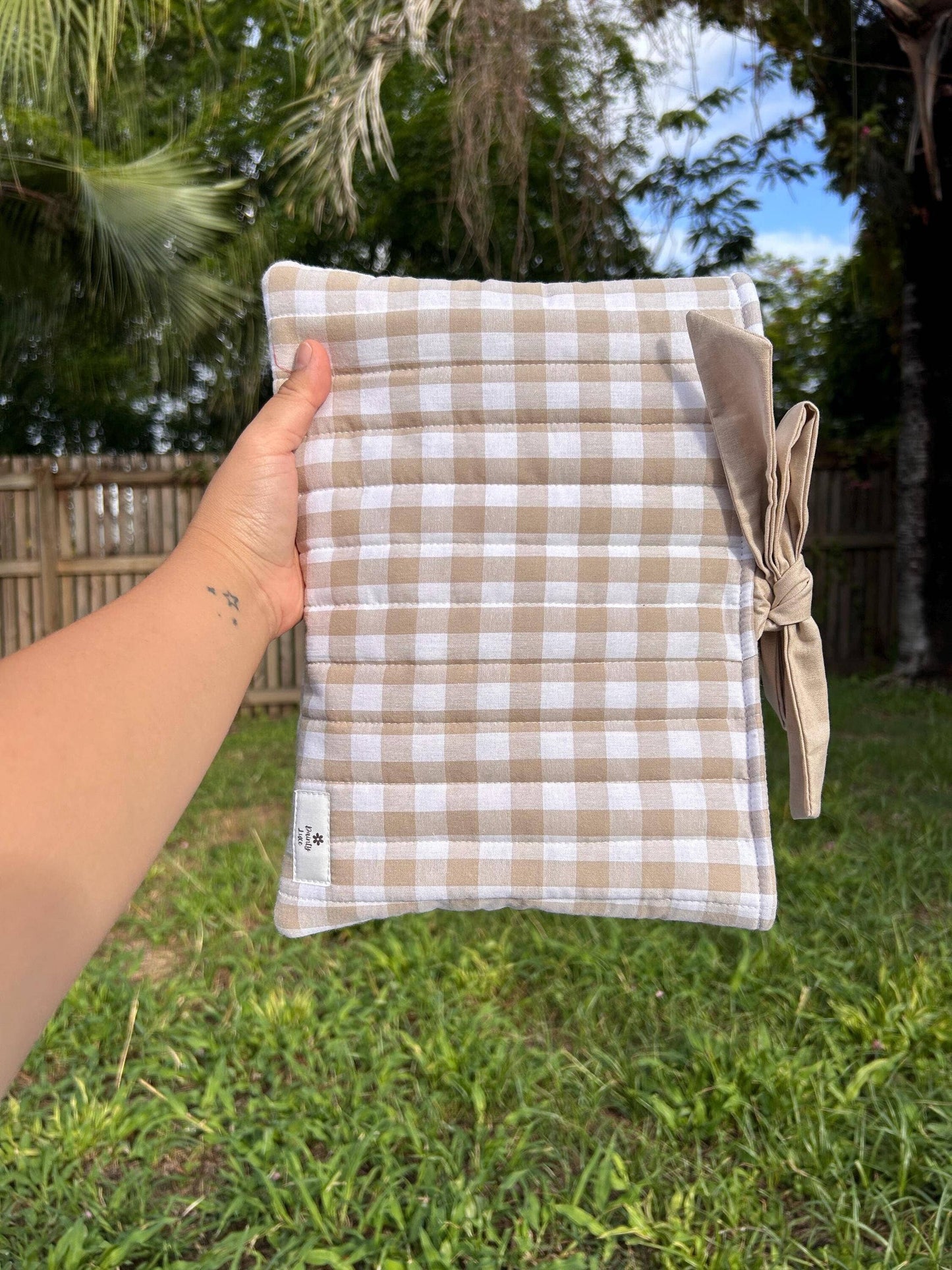 Quilted Gingham Book Sleeve with Brown Lining and Bow