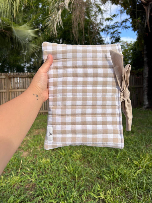 Quilted Gingham Book Sleeve with Brown Lining and Bow