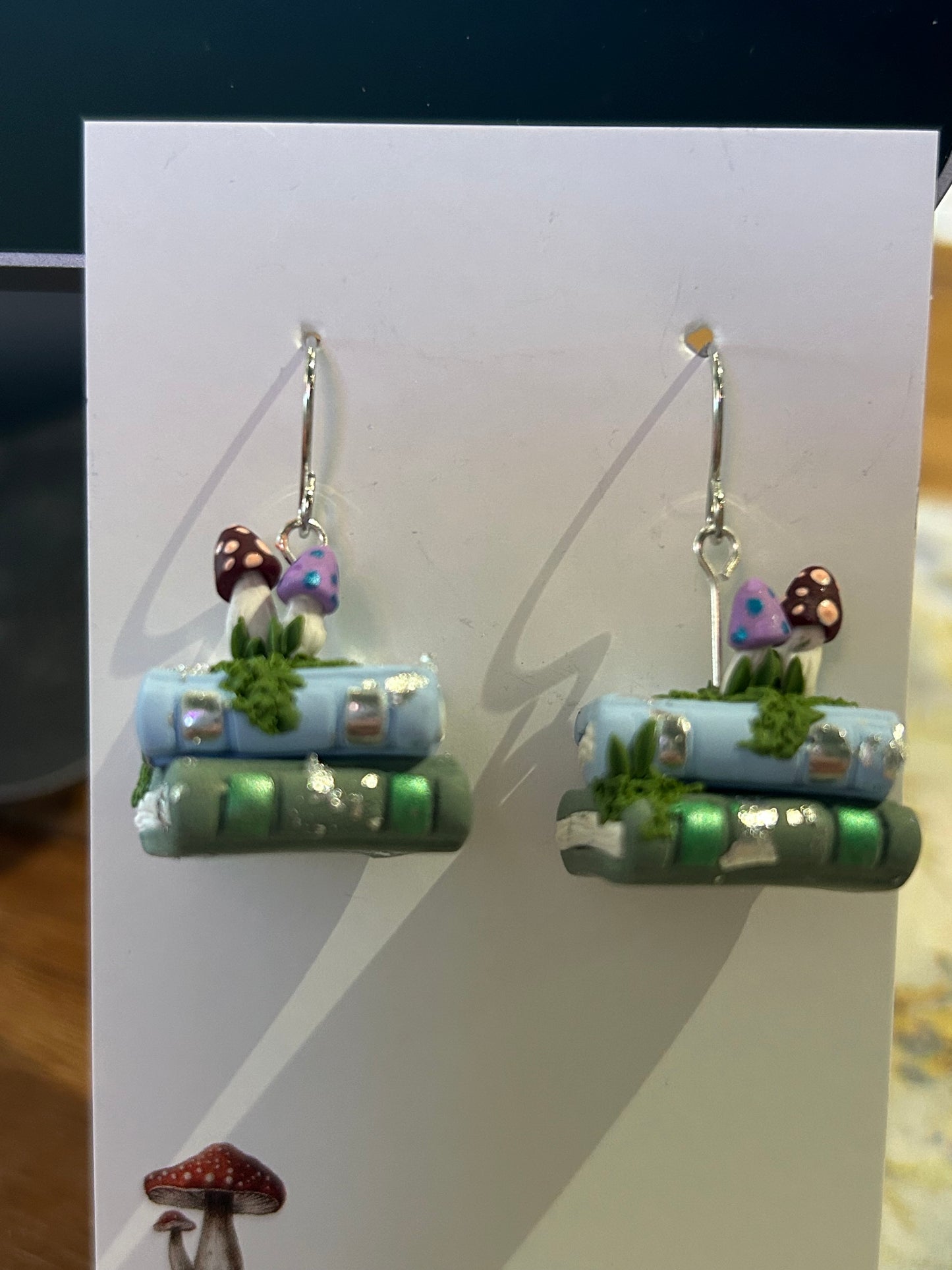 Allie Elle Art Earrings - Book stack with mini mushrooms (#10)