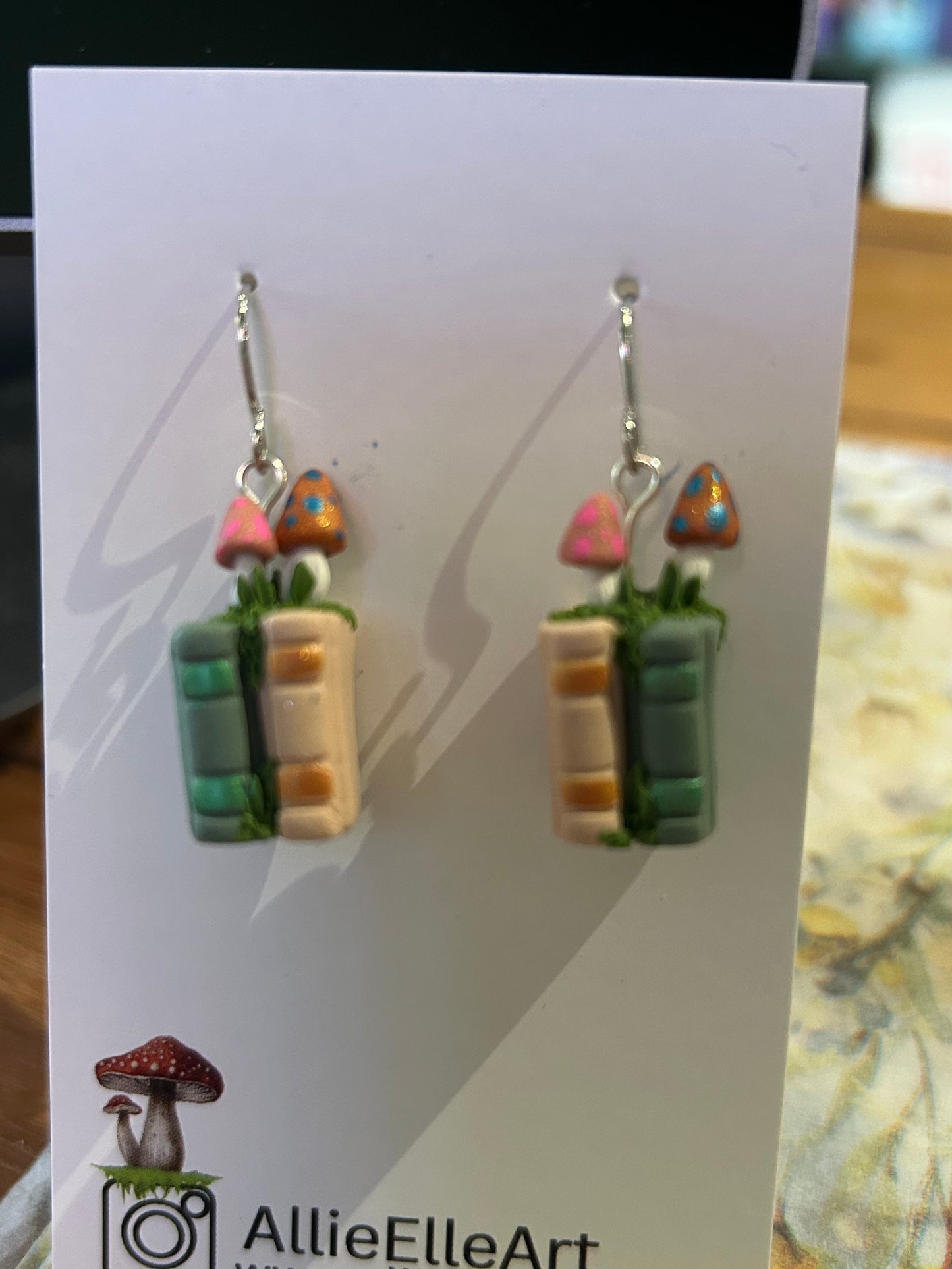 Allie Elle Art Earrings - Book stack with mini mushrooms (#10)