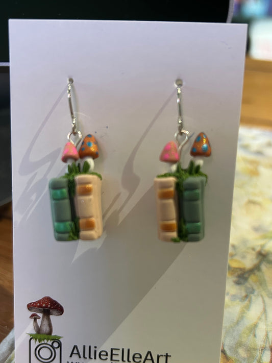 Allie Elle Art Earrings - Book stack with mini mushrooms (#10)