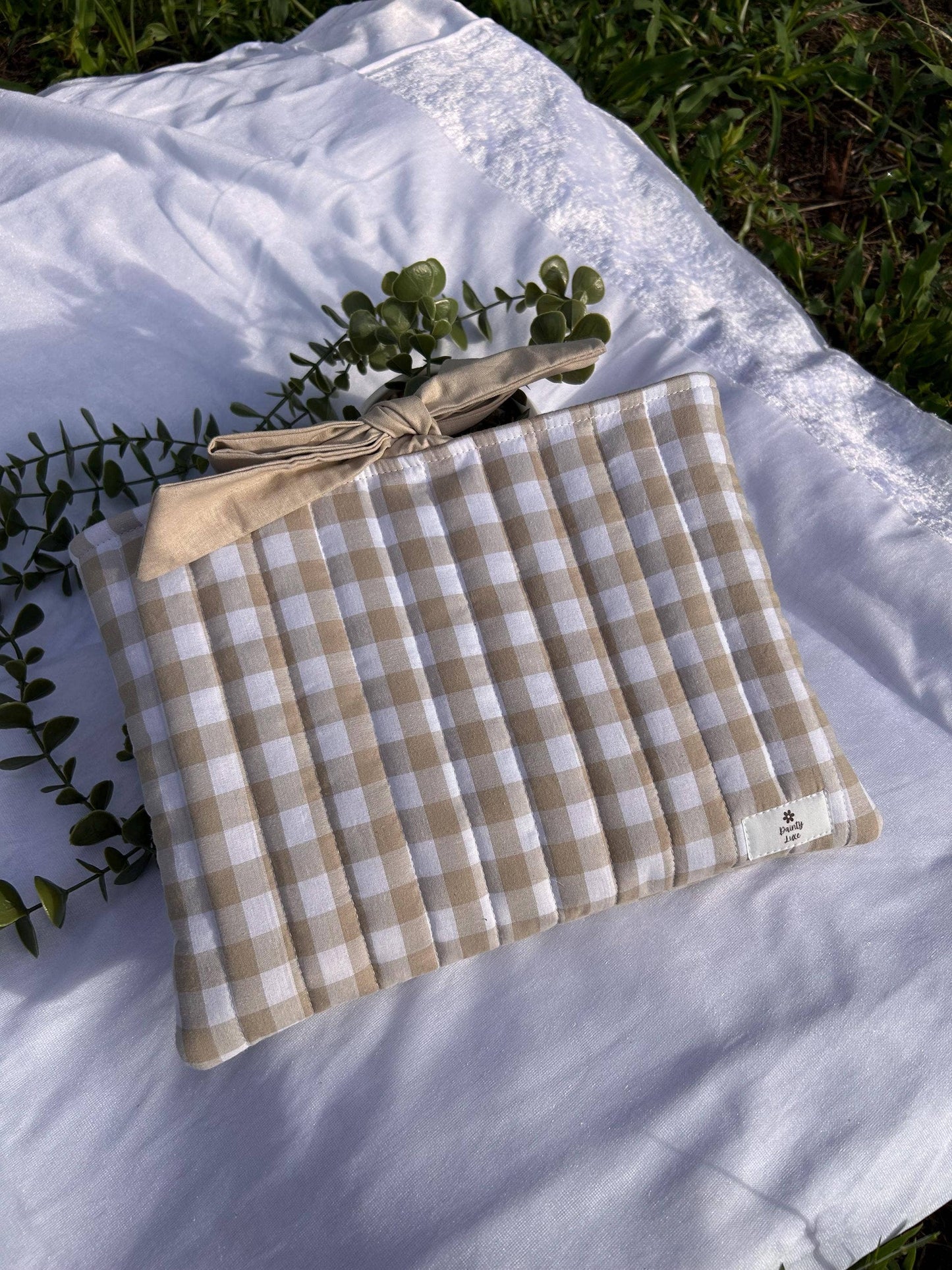 Quilted Gingham Book Sleeve with Brown Lining and Bow